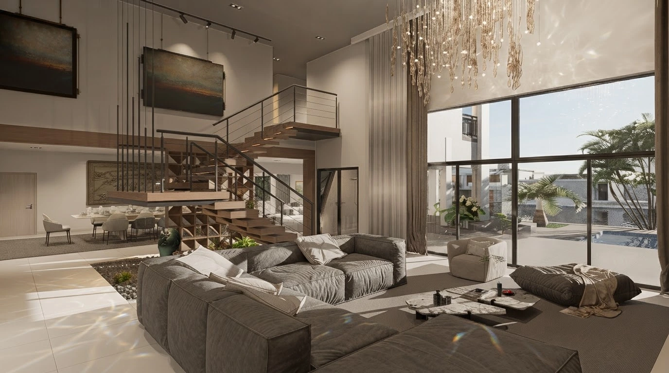 Double-height living room rendering with a floating timber staircase, sculptural chandelier and full-height glazing