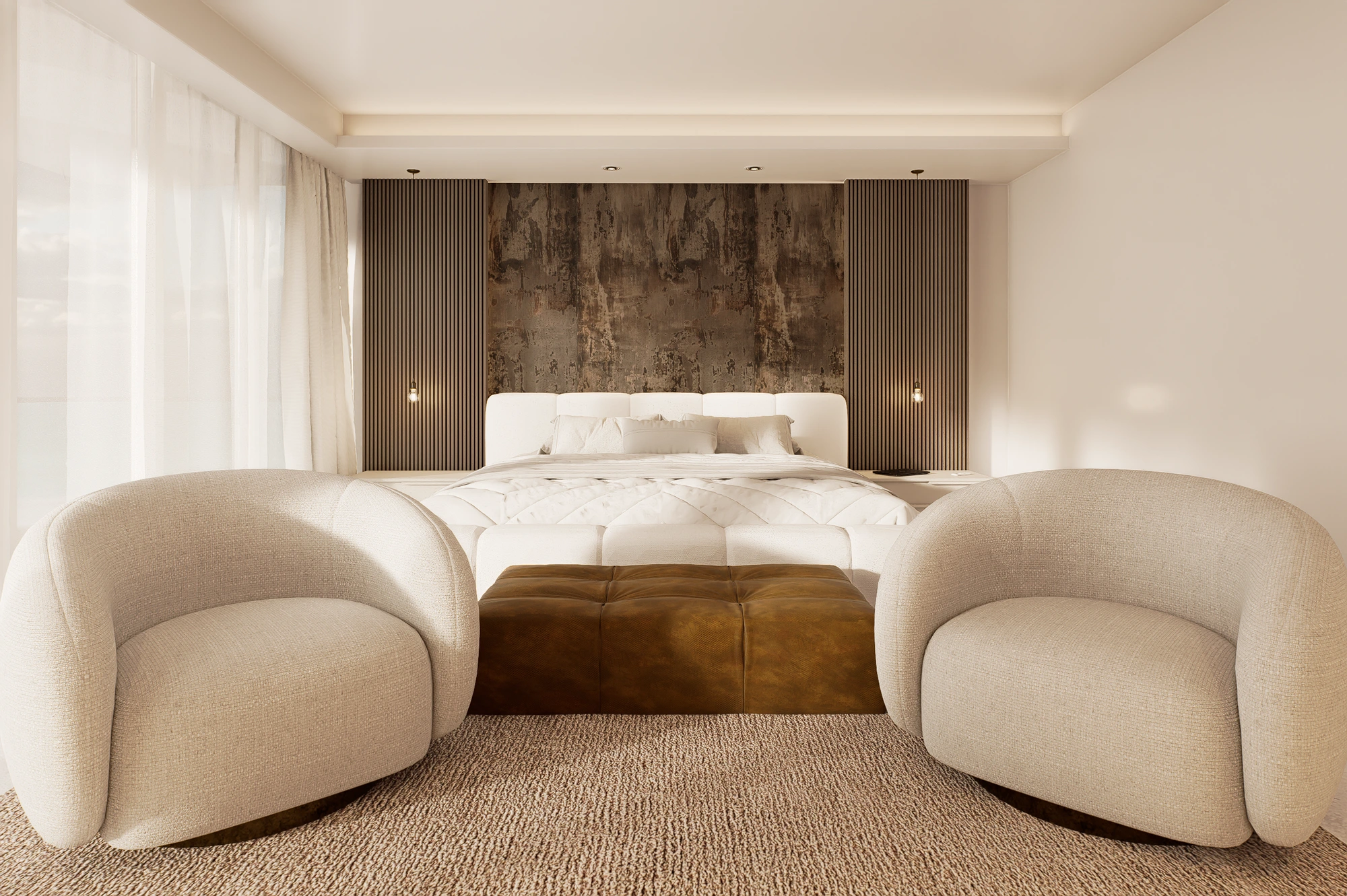 Bedroom rendering with a textured feature wall, timber slats and cream lounge chairs