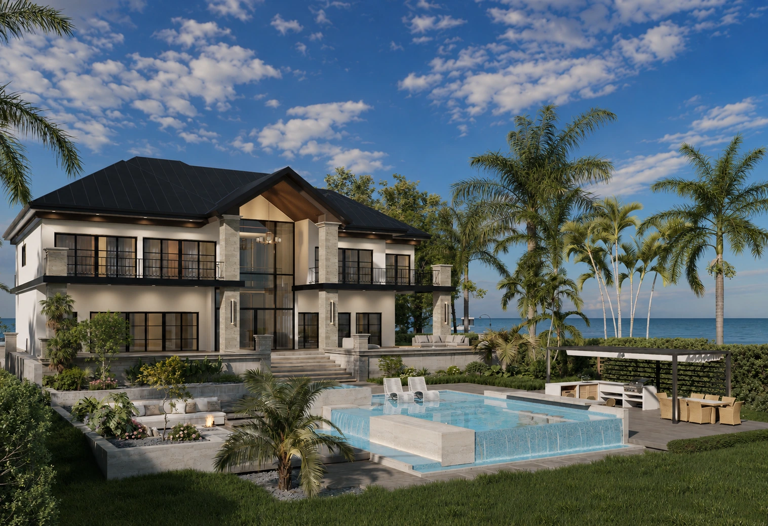Architectural rendering of a waterfront residence with an infinity-edge pool and covered terrace